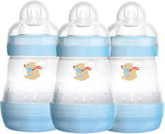 MAM Easy Start Self Sterilising Anti-Colic Baby Bottle 3 Pack (3 x160 ml) with Slow Flow MAM Teats Size 1, Newborn Essentials, Blue (Designs May Vary)