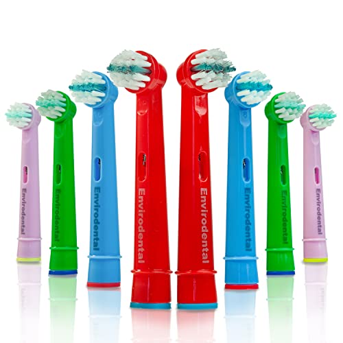 Eco Friendly Oral B Compatible Replacement Kids Toothbrush Heads by Envirodental - Fully Recyclable Colourful Pack of 8 Brushes - with Soft Bristles for Kids - for Electric Toothbrushes