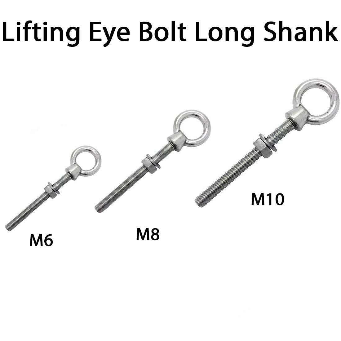 M6 x 60mm Lifting Long Eye Bolt Longshank with Full Nuts and Washer Stainless Steel Marine Grade (Pack of 4)