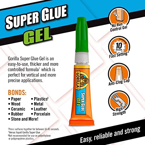 Gorilla Super Glue Gel, 3g (2 Pack) , All Purpose, Fast Setting, No Run Formula with Anti Clog Cap, Ideal for Metal, Ceramics, Leather & More