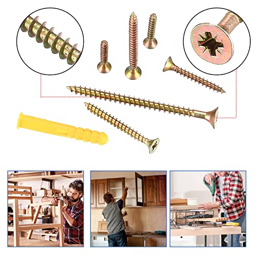 210 Pcs Wood Screws Assortment Set, Self Tapping Countersunk Head Screws, Self Drilling Cross Flat Head Brass Zinc Screws for Wood, with 20 Pcs M6 Screw Anchors