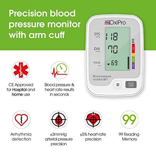 OxiPro BP1 Blood Pressure Monitor - CE Certified - MHRA Registered - Tested for Accuracy Medical Blood Pressure Machine - BP Monitor for Home - Small to Large Cuff - Approved Blood Pressure Monitors