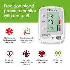 OxiPro BP1 Blood Pressure Monitor - CE Certified - MHRA Registered - Tested for Accuracy Medical Blood Pressure Machine - BP Monitor for Home - Small to Large Cuff - Approved Blood Pressure Monitors