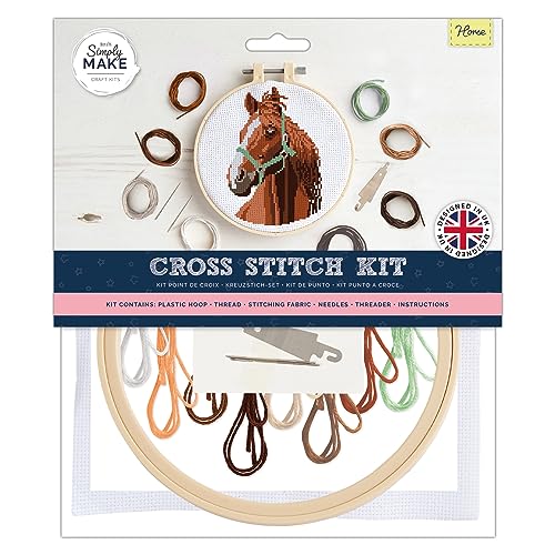 Simply Make Cross Stitch Kit - Horse Design for Kids and Adults, Including Hoop, Embroidery Thread, Fabric and Needle - Perfect for Adult Crafts and Beginners - Starter Cross Stitch Craft Kit