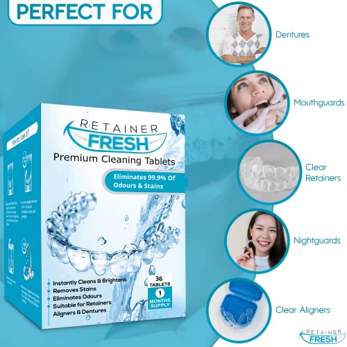 Retainer Cleaning Tablets - 36 Tablets 1 Months Supply Retainer Fresh, Brite, and Stain-Free - Retainer Cleaner Tablet, Mouth Guard, Dentures, Aligners