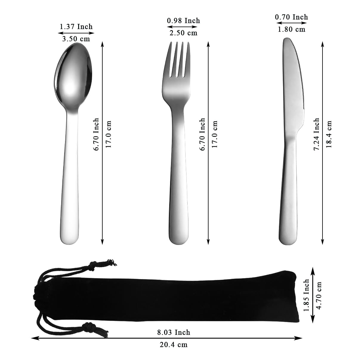 Evanda Portable Cutlery Set, Include Knife Fork Spoon, Stainless Steel Camping Flatware with Black Bag, for Outdoor, Picnic, Camping, Travel, Dishwasher Safe