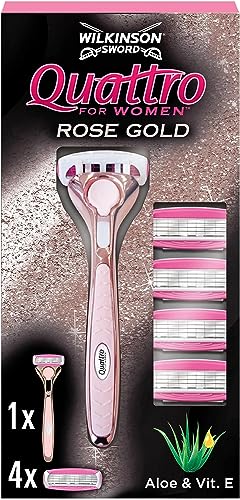 WILKINSON SWORD - Quattro For Women   Premium Metal Rose Gold   Razor Handle and 5 Blade Refills