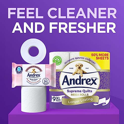 Andrex Supreme Quilts Mega Toilet Roll - 9 Mega Rolls (13.5 Standard), 3-ply, 25% Thicker Paper than Before to Provide Ultimate Quilted Comfort