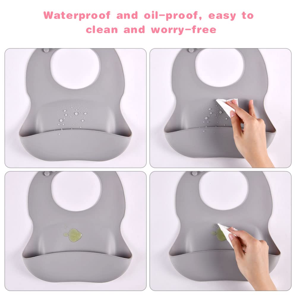 Vicloon Silicone Baby Bib, 2PCS Baby Weaning Bibs, Waterproof Baby Feeding Bibs Adjustable with Wide Food Catcher Pocket Unisex Toddler Bibs (Grey-Brown)