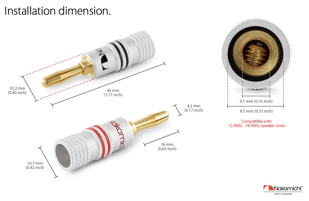 Nakamichi Excel Series 24k Gold Plated Banana Plug 12 AWG - 18 AWG Gauge Size 4mm for Speakers Amplifier Hi-Fi AV Receiver Stereo Home Theatre Audio Wire Cable Screw Connector, 4 Pcs (2-Pairs)