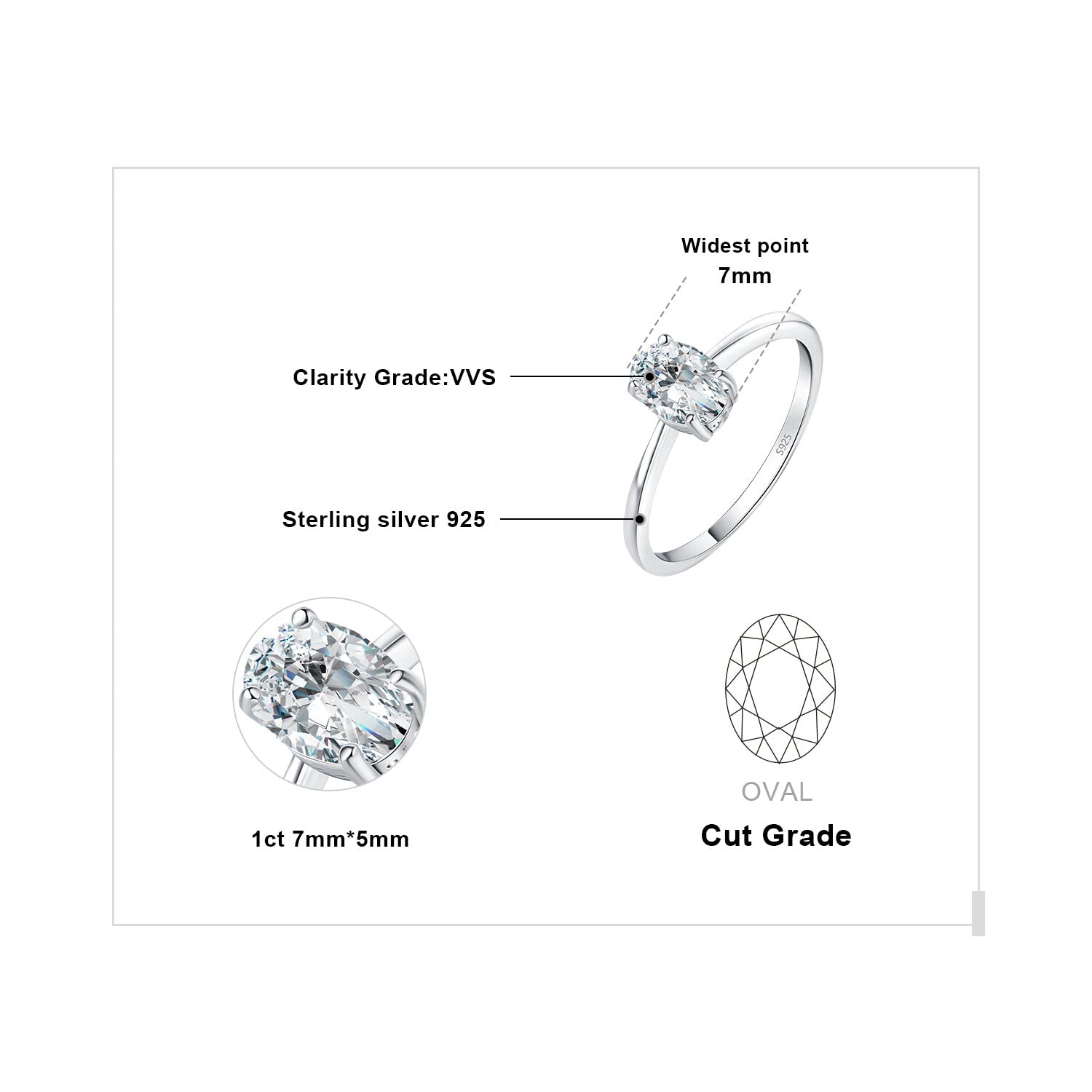 JewelryPalace Oval Cut 8 * 6mm 1ct Cubic Zirconia Solitaire Engagement Rings for Women, Classic 925 Sterling Silver Promise Ring for Her, Simulated Diamond Anniversary Wedding Ring VVS D-F 5