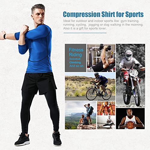 MEETYOO Men's MenÂ’s Compression Base Layer Top Long Sleeve T-shirt Sports Gear Fitness Tights for Running Gy Shirt, Blue, XL UK