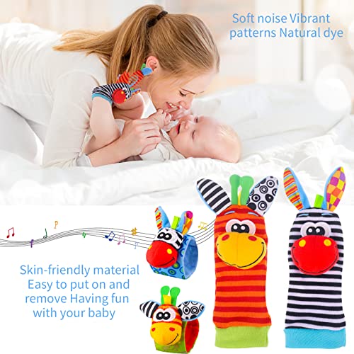 QINREN 4 Pcs Baby Wrist Rattles Socks Toys, Newborn Wristband Rattles & Foot Finder Baby Toy with Sensory Stimulation, Soft Animal Bell Strap Development Gift for 0-9 Month Infant Toddlers Boy Girl