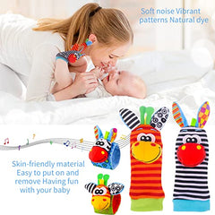 QINREN 4 Pcs Baby Wrist Rattles Socks Toys, Newborn Wristband Rattles & Foot Finder Baby Toy with Sensory Stimulation, Soft Animal Bell Strap Development Gift for 0-9 Month Infant Toddlers Boy Girl