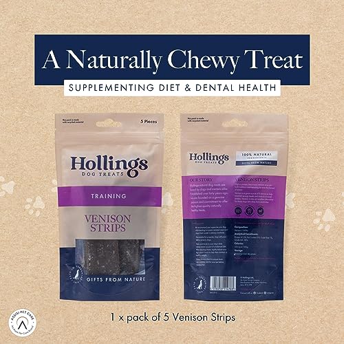 Hollings Treat Strips with Venison Dog Training Treats, 100% Natural, Air Dried Venison Strips for Adult Dogs, Gluten Free & High in Protein (5 Pack)