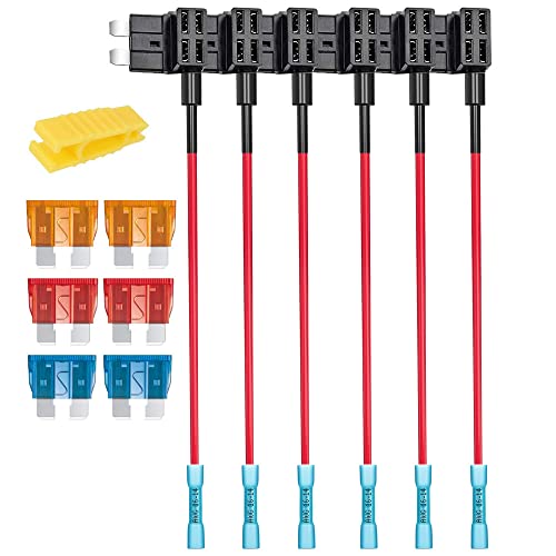 Gebildet 6pcs 12V 24V Standard Add-a-Circuit Fuse Tap with Heat Shrink Terminals, ATS Medium Piggy Back Blade Fuse Holder with Wire Harness, 6pcs Standard Fuse (5A/10A/15A) and Fuse Puller