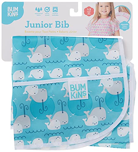 Bumkins Junior Bib, Adjustable Hook & Loop Closure, Catch-All Pocket, Baby-Led Weaning, Waterproof, Machine Washable, Stain & Odour Resistant, BPA Free, 1-3 Years, Whale Design