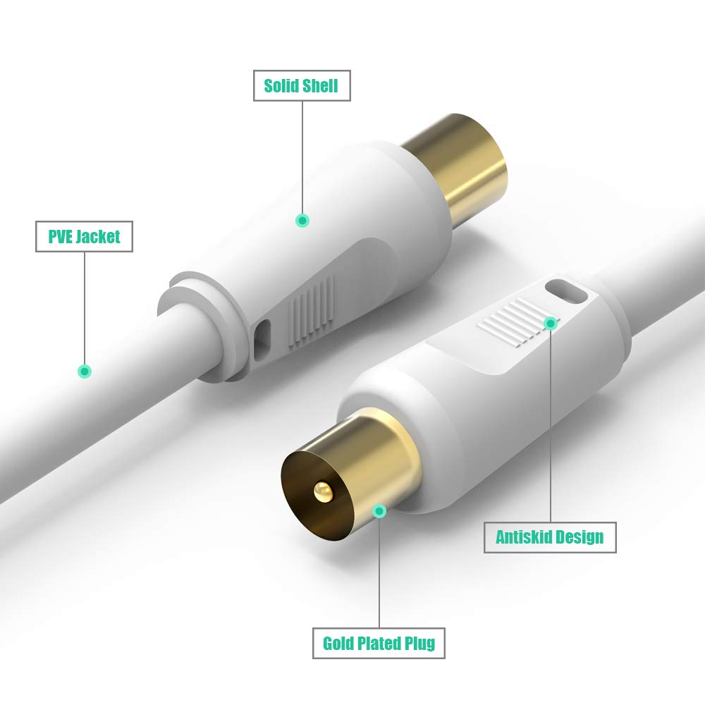 2M TV Aerial Coaxial Cable Male to Male, Ancable Satellite Cable RF TV Antenna Coax Lead to PAL Male Gold Plated Connectors White Flylead for Sky/SkyHD, Virgin, BT,TV, VCR or DVD players with Coupler