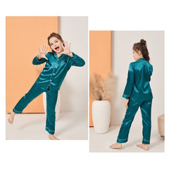 PythJooh Girls Satin Pyjamas Sets Girls Boys Long Sleeve Button-Down Pjs Set 2PCs Silky Nightwear Sleepwear for 3-14Years Green