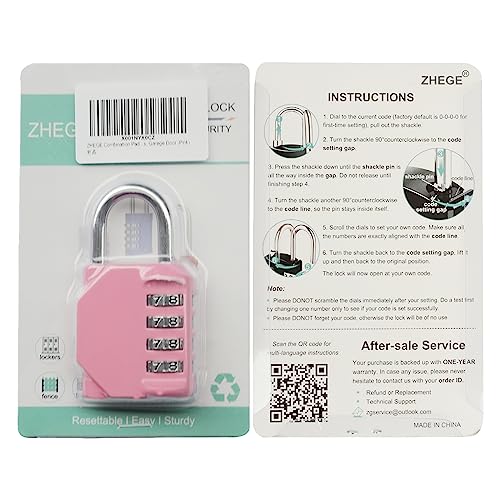 ZHEGE Padlock with Code, 4 Digit Combination Lock for Locker, Resettable Coded Padlock for School and Gym Lockers, Outdoor Padlock Weatherproof for Backyard Fence Gate, Sheds, Garage Door (Pink)