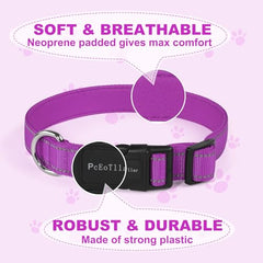 PcEoTllar Soft Dog Collar, Reflective Puppy Small Dog Collar, Nylon Neoprene Padded Dog Collar Medium, Adjustable Large Dog Collars with Tag, Basic Dog Collar, Purple-L