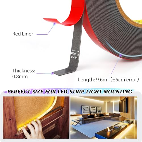 Emitever Double Sided Tape Heavy Duty Mounting Tape - 32 Ft x 0.4 Inch, Strong Adhesive Double Sided Foam Tape For Outdoor Indoor Home Office Decor and LED Strip Lights, Made of 3M VHB Tape