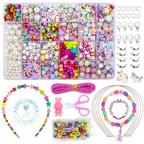 WONDERFORU Children DIY Beads for Jewellery Bracelet Necklaces String Making Kit, Friendship Bracelets Art Craft Kit for Girls Kids, 24 Colors