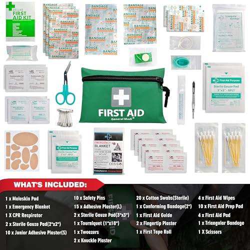 General Medi Mini First Aid Kit, 92 Pieces Small First Aid Kit - Includes Emergency Foil Blanket, Scissors for Travel, Home, Office, Vehicle, Camping, Workplace & Outdoor (Green)