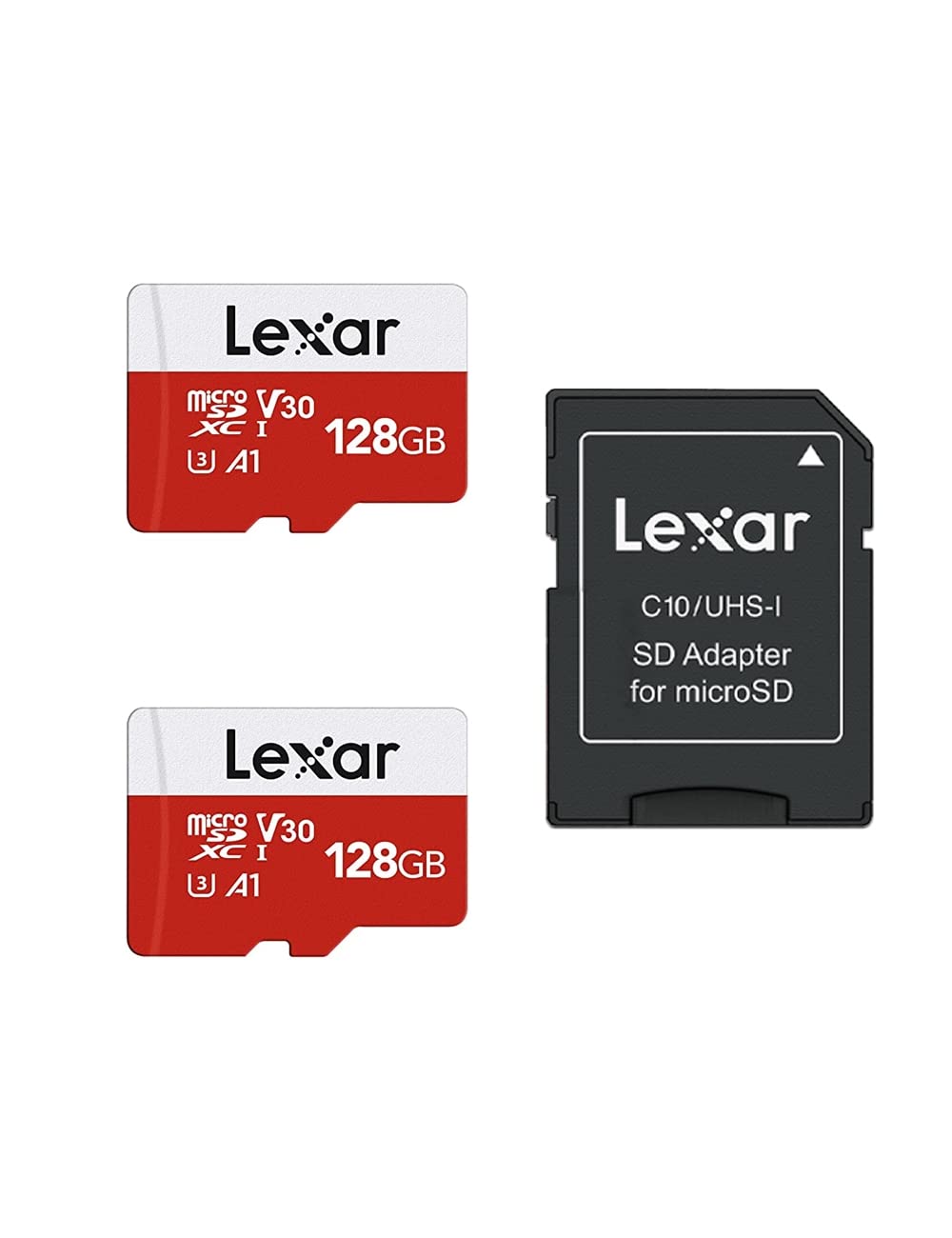 Lexar Micro SD Card Up to 100MB/s(R), 128G MicroSDXC Memory Card and SD Adapter with A1, C10, U3, V30, 4K Video Recording, TF Card (2 microSD Cards and 1 Adapter)