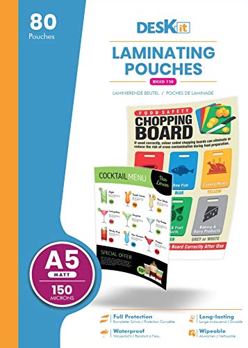 Deskit A5 Laminating Pouches, Matt, 80 Sheets, 150 Microns – Clear and Durable Presentations with a Modern Finish.