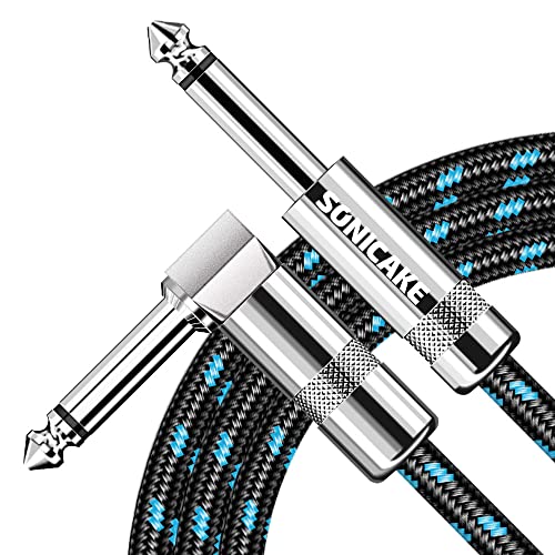 SONICAKE Braided Guitar Cable 3m/10ft Guitar Instrument Cable 6.35mm 1/4 inches Right Angle to Straight Black Blue