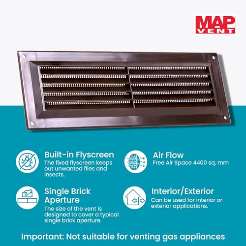 Map Louvre Vent Cover 9 x 3 (229mm x 76mm), Fixed Plastic Grille with Flyscreen to Cover Single Brick, Brown