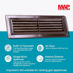 Map Louvre Vent Cover 9 x 3 (229mm x 76mm), Fixed Plastic Grille with Flyscreen to Cover Single Brick, Brown