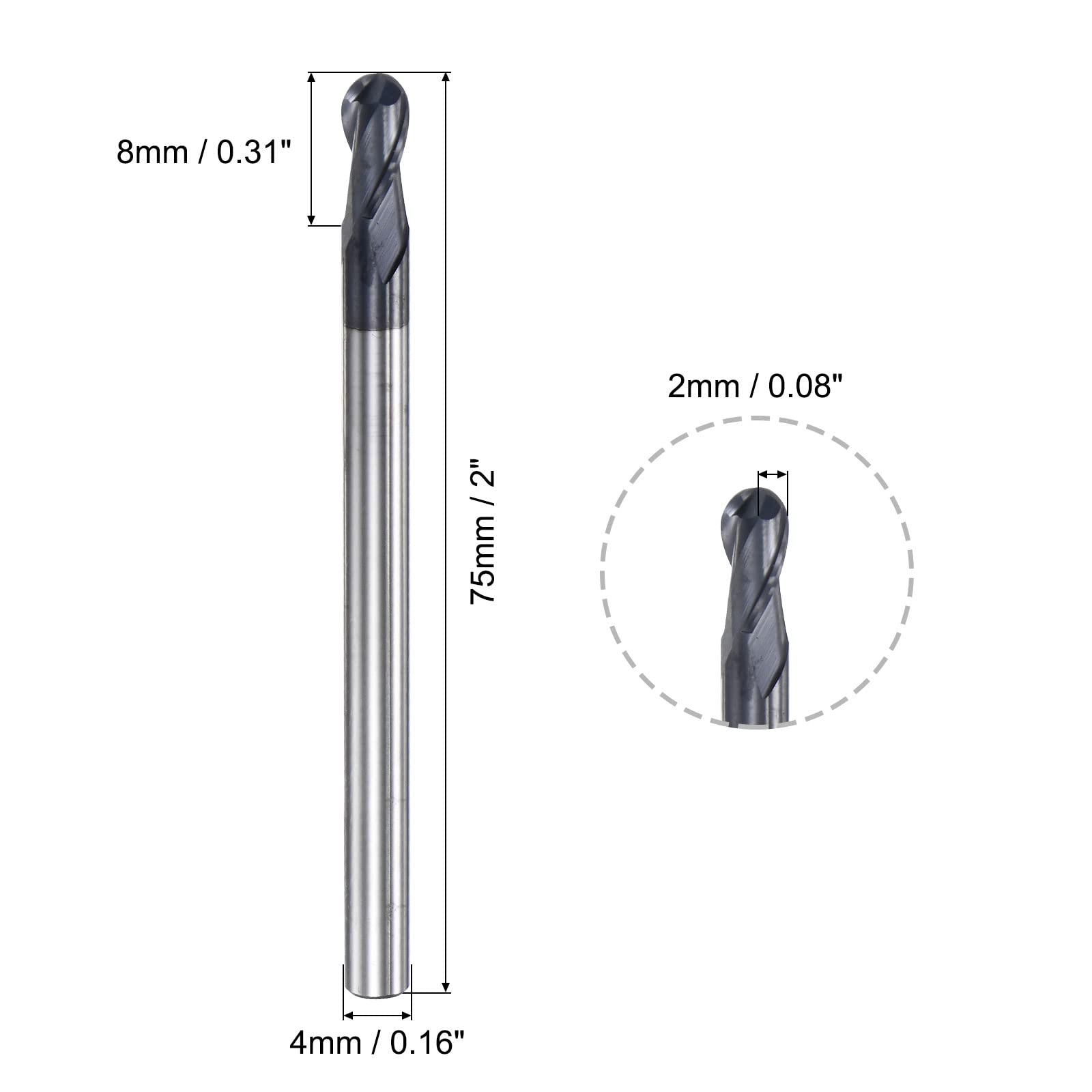 sourcing map Ball Nose End Mill 2mm Tip Radius Solid Carbide AlTiSin Coated CNC Router Bits 2 Flute Spiral Milling Cutter HRC45 with 4mm Shank 75mm (3-inch) Length