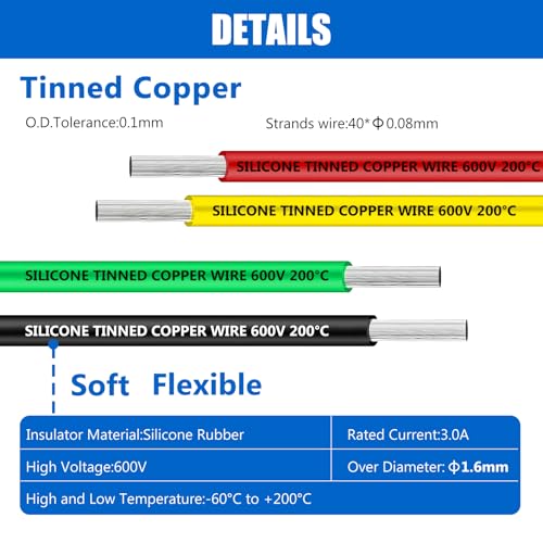 Silicone Wire,Electrical Wire-HuLuWa 24 AWG 0.2mm² Wire, 6 Colors(8 Metre/ 26.25 Feet Each) Tinned Copper Wire Stranded Wire,Hook up Kit,for DIY RC Aircraft,RC Vehicle,Model