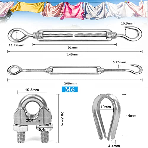 AFASOES Turnbuckle Wire Tensioner Stainless Steel Cable Wire Tensioner Kit with Wire Cable Clamp and Wire Rope Thimble for Clothesline, tension wire, outdoor String Light object Suspension (13 Pcs)