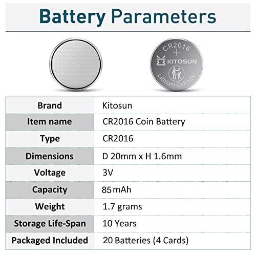 KITOSUN CR2016 Batteries 3V Lithium Cell - Premium Coin Button Lithium Battery for Car Key Fob Remote LED Light Candles Glucose Monitor Doorbell Accessories 3 Volt 2016 Lithium Battery (20 Pcs)