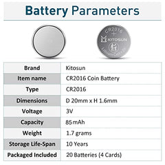 KITOSUN CR2016 Batteries 3V Lithium Cell - Premium Coin Button Lithium Battery for Car Key Fob Remote LED Light Candles Glucose Monitor Doorbell Accessories 3 Volt 2016 Lithium Battery (20 Pcs)