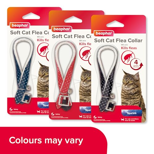 Beaphar, Soft Flea Collar for Cats, Kills Fleas For up to 4 Months, Veterinary Medicine, Adjustable With Safety Mechanism, For Cats From 12 Weeks of Age, 1 x Sparkle Collar, Colours May Vary