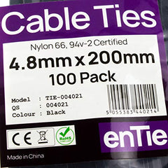 enTie Black Cable Ties 4.8mm x 200mm Nylon 66 UL Approved [100 Pack] [200mm x 4.8mm]