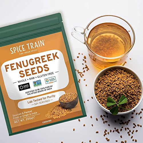 SPICE TRAIN, Fenugreek Seeds (200g/7oz) Non-GMO, Whole Fenugreek Seed/Methi Seeds for Cooking   Resealable Ziplock Pouch