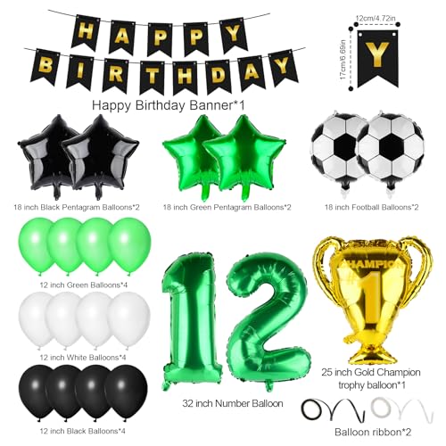 Football Balloon 12 Birthday Decoration Green 12th Birthday Decoration Boys Happy Birthday Garland Deco Balloons for Kids Boy Birthday Party Football Deco (12th)