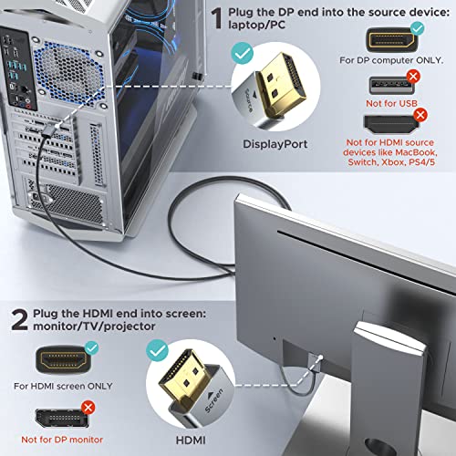 WARRKY 4K DisplayPort to HDMI Cable, 1m/3.3ft [Gold-Plated, Aluminium Shell] Uni-Directional From DP Computer to HDMI Monitor Lead with Audio, Compatible with Lenovo, HP, DELL, and More