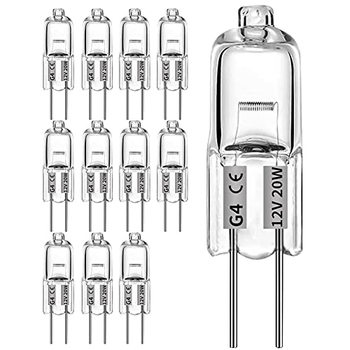 KAKALUOTE G4 Halogen Bulbs, 12 Pcs 20W 12V Halogen Light Bulbs 2 Pin Clear Capsule Lamp Bulb, Halogen-Pin-Base-Lamp Warm White Light Clear Capsule for Cooker Lighting, Signal Lights, Track Lighting