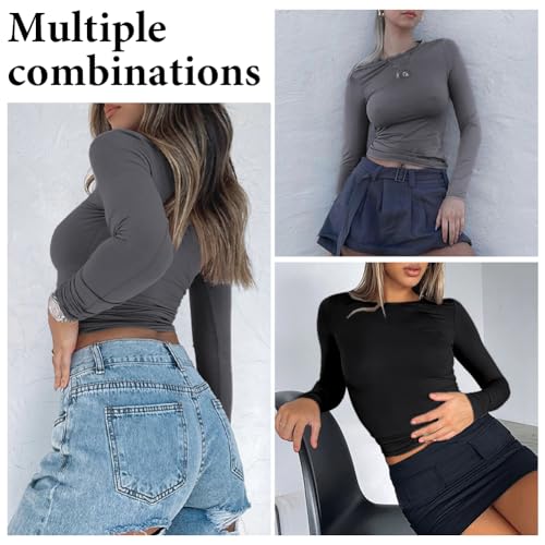 flintronic Womens Long Sleeve, Women's Basic Long Sleeve Scoop Neck, Women's Basic Long Sleeve Slim Fitted, Basic T-Shirts Crop Tops Blouse Aesthetic Streetwear-Grey/M