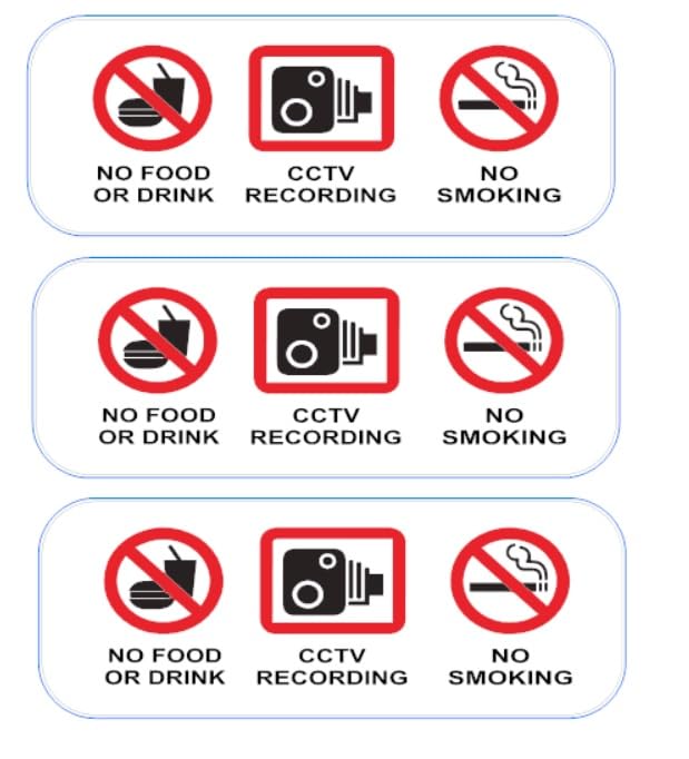 CCTV Recording No Smoking No Food Or Drink Taxi Private Hire Car Sticker/Decals x 3 Taxi Private Hire 4 x 1.5 Inches Printed On To White Vinyl Simply Peel & Stick EXTERNAL WATERPROOF