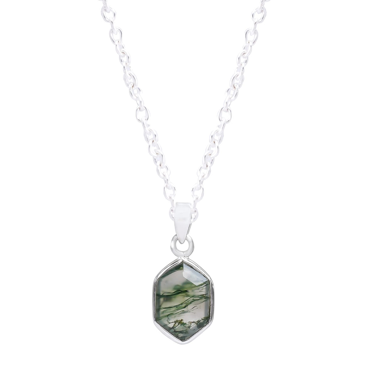 GEMKORA Real Moss Agate Hexagon Bezel Gemstone Dainty Pendant Necklace, Healing Chakra Stone, Birthstone, Natural Crystal, Women Jewelry, Energy Stone, Gift Giving 925 Sterling Silver Chain 18 inch