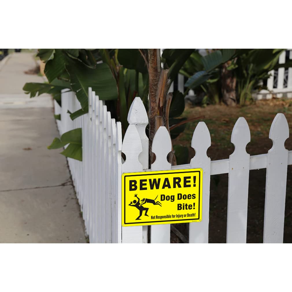 Goodvia Beware of Dog Sign, Warning Bites Sign Aluminum Metal Signs for Fence Funny Yellow, UV Resistant, Fade Reflective, Weather Easy to Mount, 8x12inch/1pcs