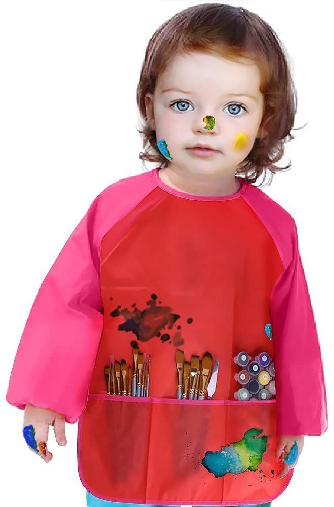 Amaza 2Pcs Kids Art Aprons, Waterproof Children's Artist Painting Smocks with Long Sleeve 3 Pockets for Age 2-8 Years (Blue & Red)