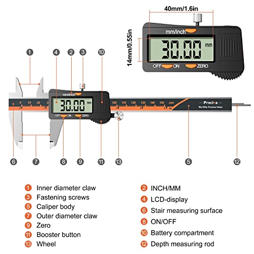 Digital Vernier Caliper, Preciva 150mm Electronic Micrometer Vernier Caliper, Measuring Tools Caliper Gauge with Mm/Inch Conversion High Precision